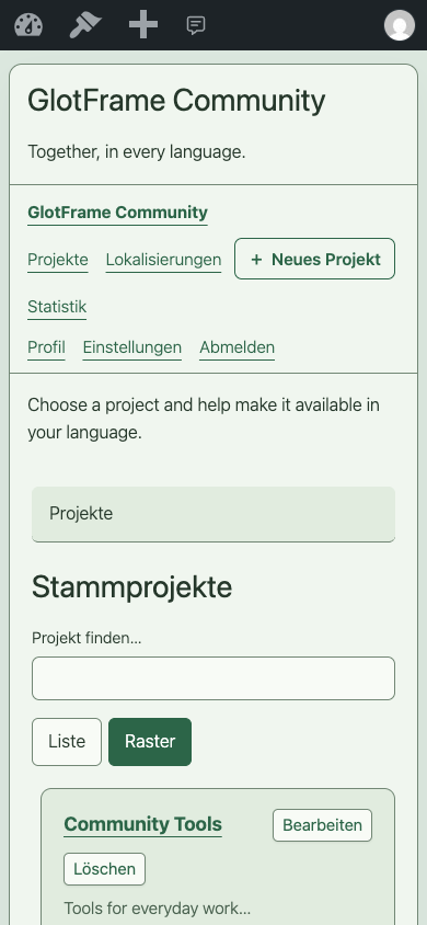 Projektnavigation auf einem kleinen Bildschirm