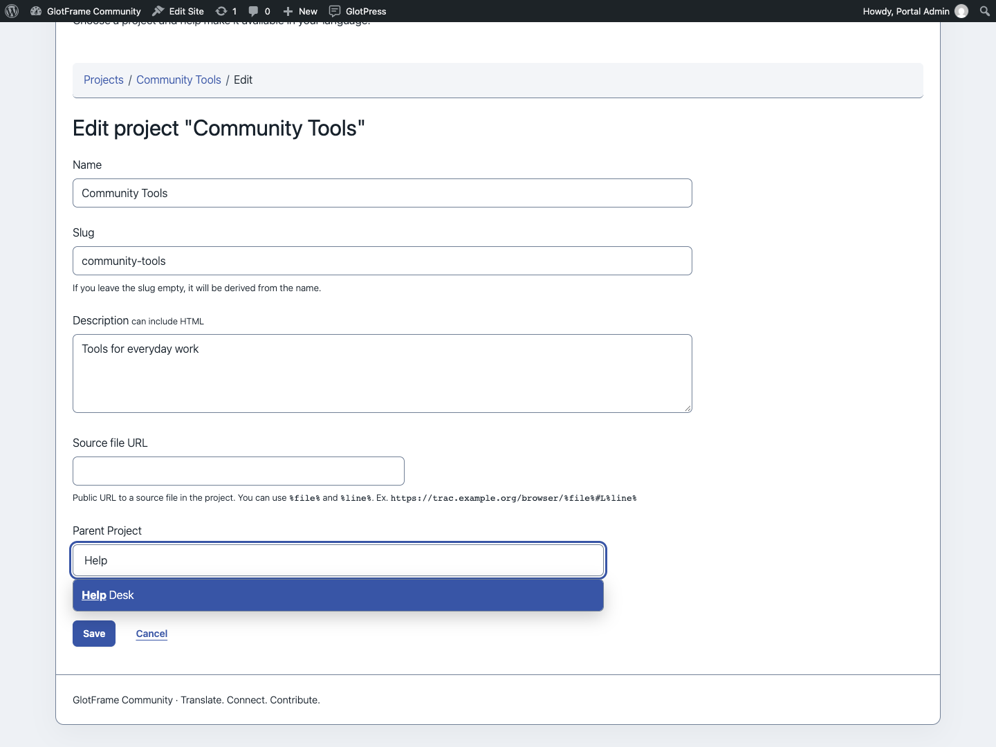 Search the parent-project selector while editing a project