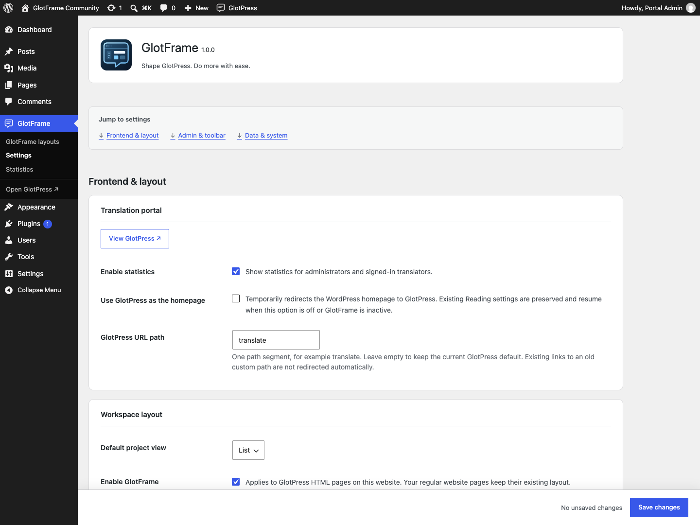 Settings overview with three grouped sections