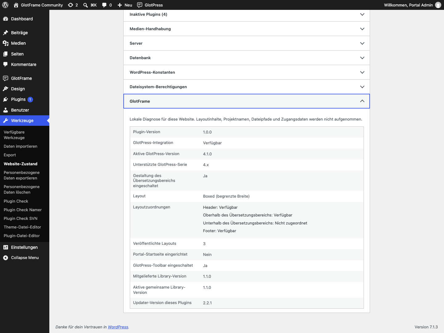 Lokale GlotFrame-Diagnose im Website-Zustand