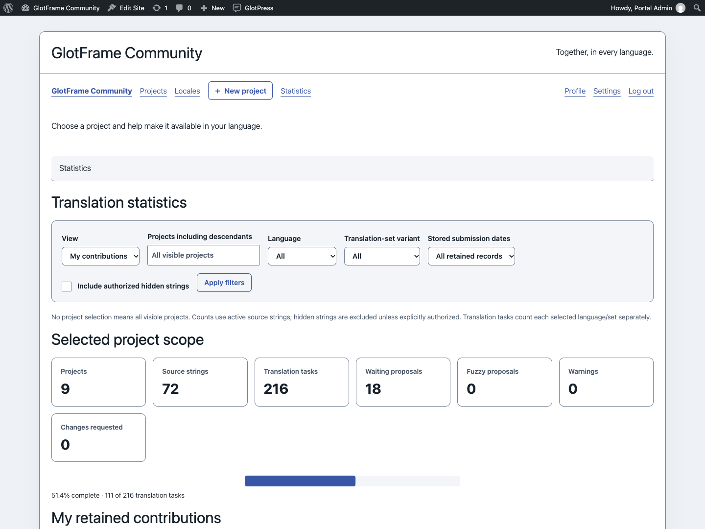 Signed-in translator statistics and project-group filters