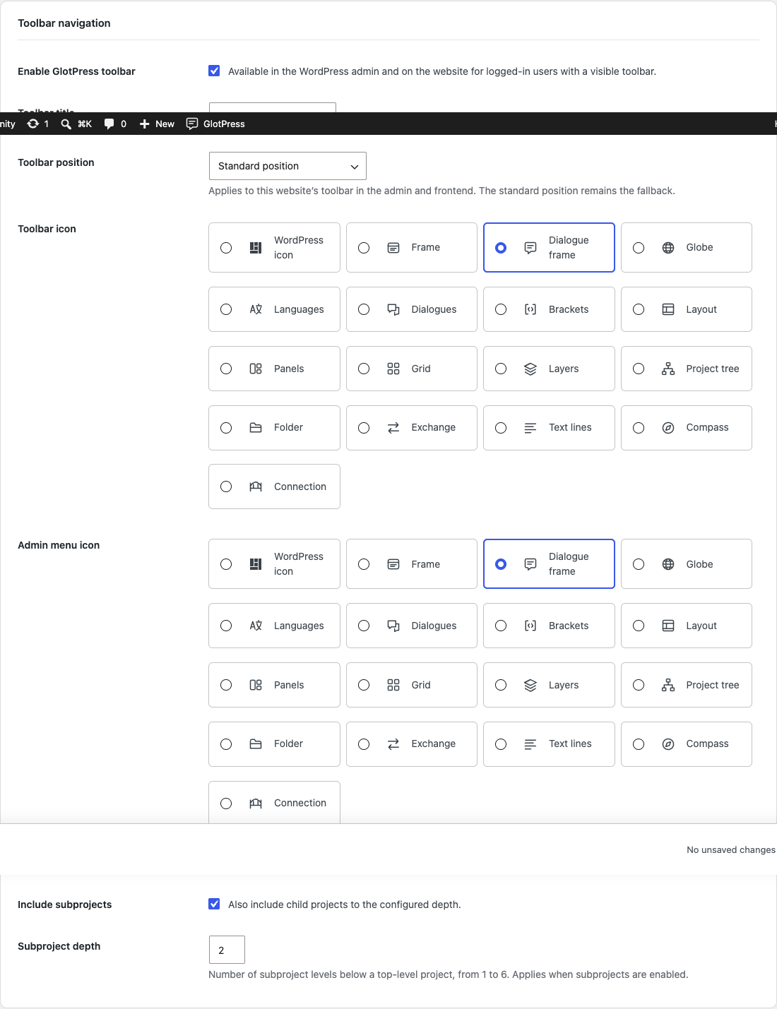 Configure toolbar identity, projects, depth and placement