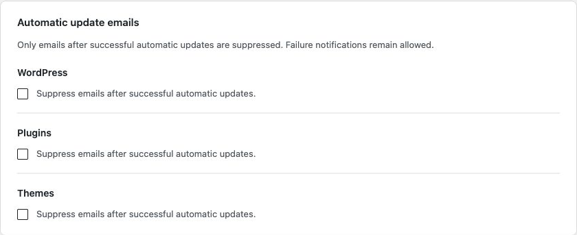 Separate WordPress, plugin and theme success-email controls