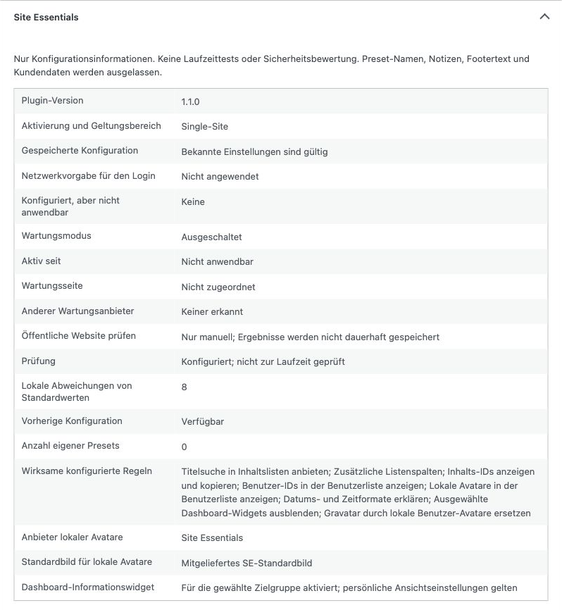 Konfigurationsinformationen von Site Essentials im Website-Zustand