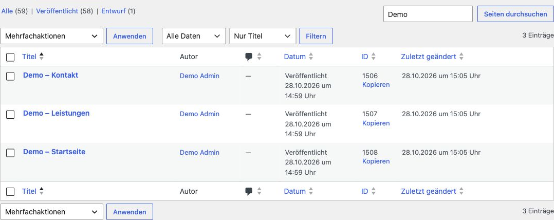 Titelsuche und schmale ID-Spalte mit Kopieraktion