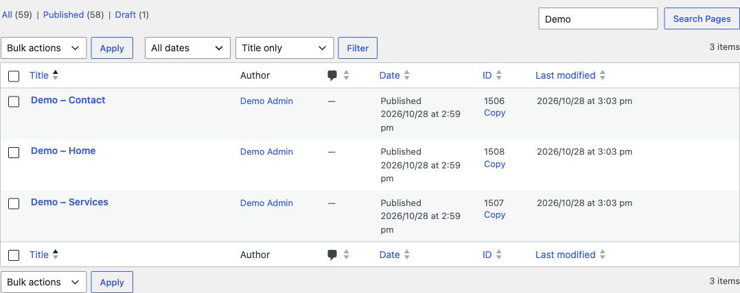 Title search and narrow ID column with copy action
