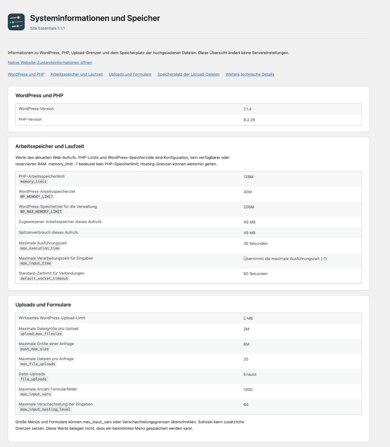 Systeminformationen und Speicher mit Sprungnavigation und getrennten Themenbereichen
