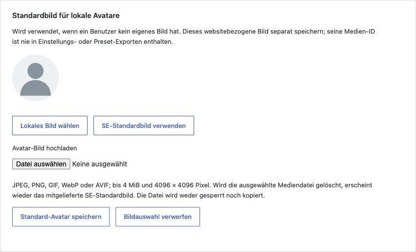Standardbild mit lokaler Auswahl, Upload und Rücksetzen.