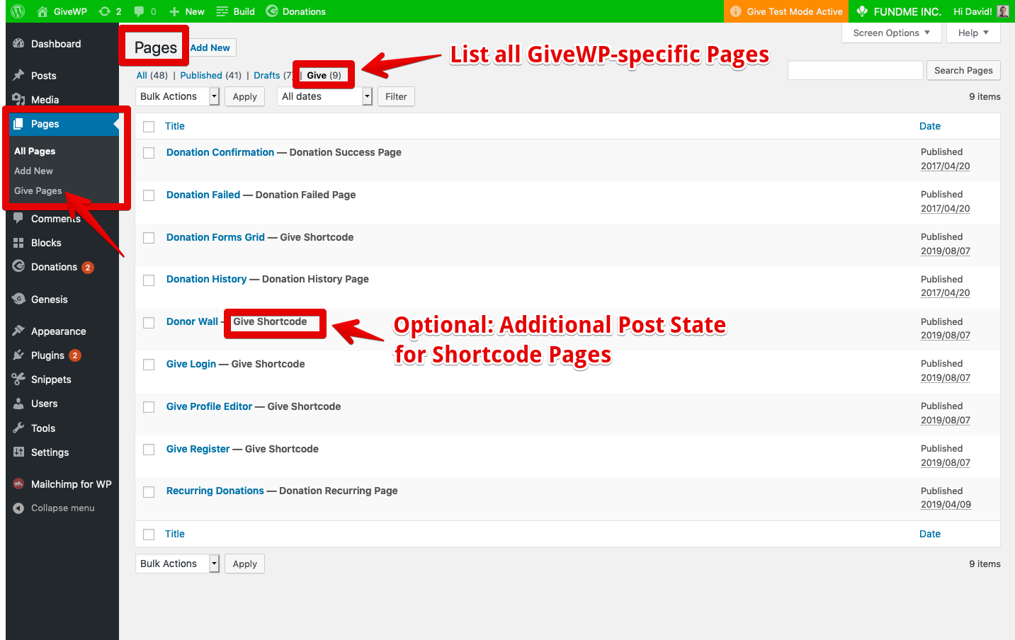 Additional View for all GiveWP Pages, plus Optional Post State for Shortcode Pages