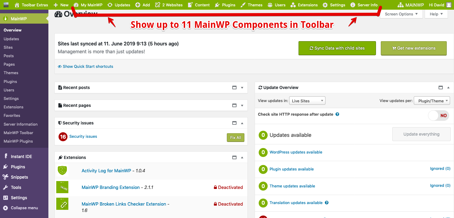 Control up to 11 MainWP Components from the Toolbar