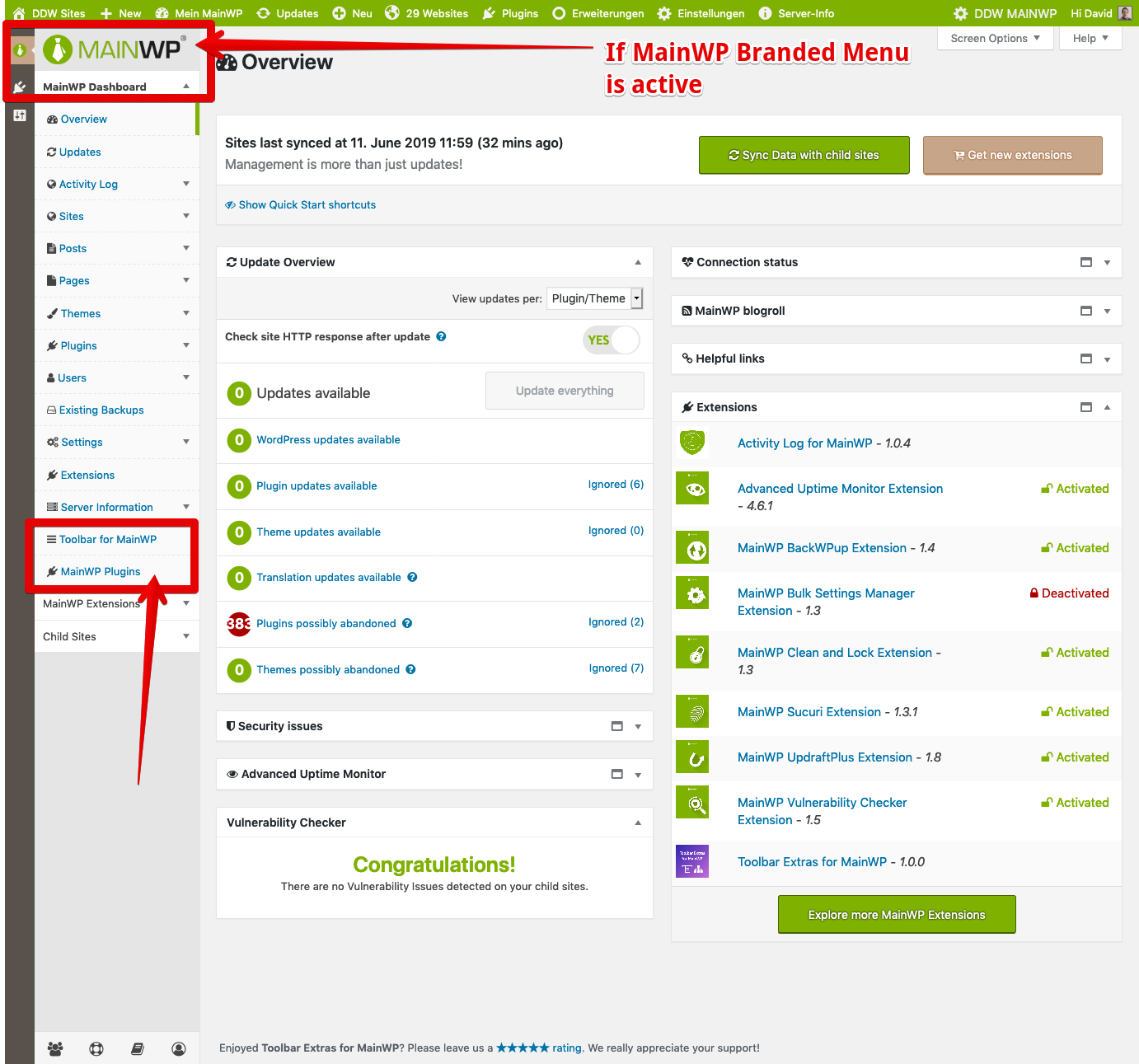 For MainWP Branded Admin Menü: additional Dashboard items