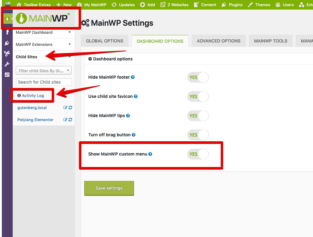 For MainWP Branded Admin Menü: additional Child Site item