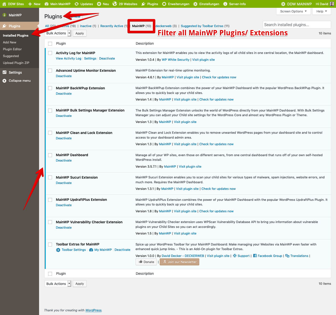 Filter all MainWP Plugins/ Extensions on WordPress' Plugins page
