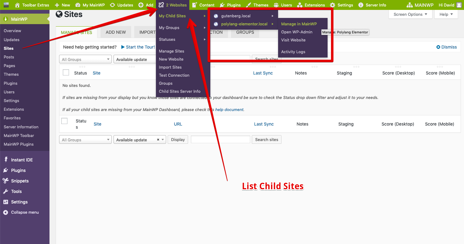 Manage your Child Sites - optionally list websites (adjustable via Add-On settings)