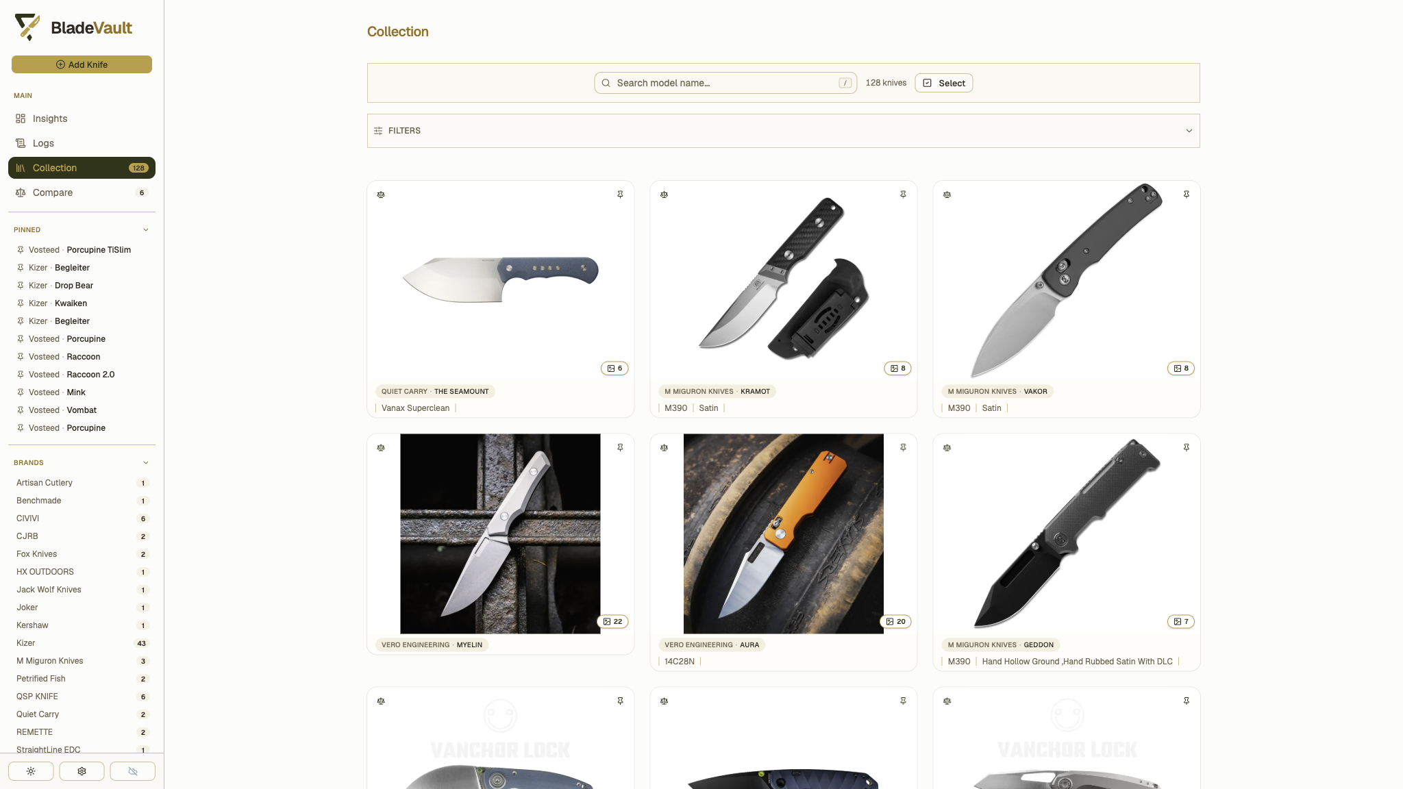 BladeVault collection showing search, filters, pinned knives, and image-rich records