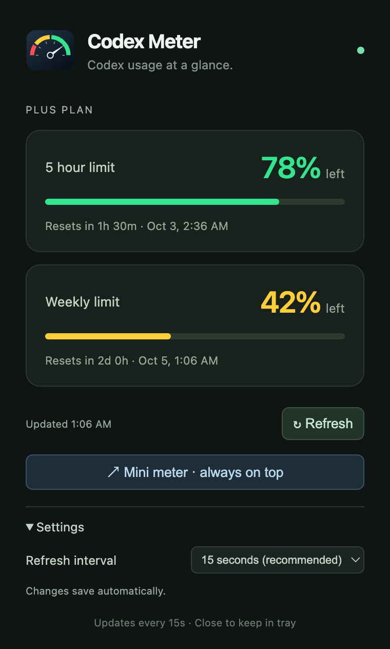 Detailed usage view with reset countdowns and refresh settings