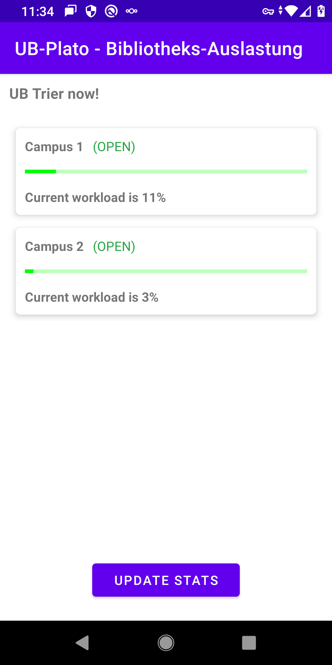 Shows the general UI with two rooms (Campus I and II of the University Library Trier) with current utilisation in a utilisation graph (libraries are open, utilisation at 11% and 3% with the coloured representation green').