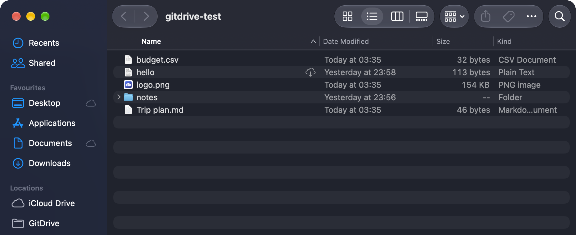 GitDrive in the Finder sidebar, showing files from a GitHub repo, one of them online only