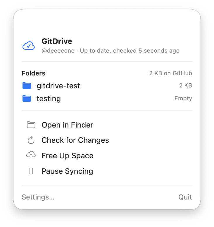 GitDrive menu bar panel with folders, sizes and actions