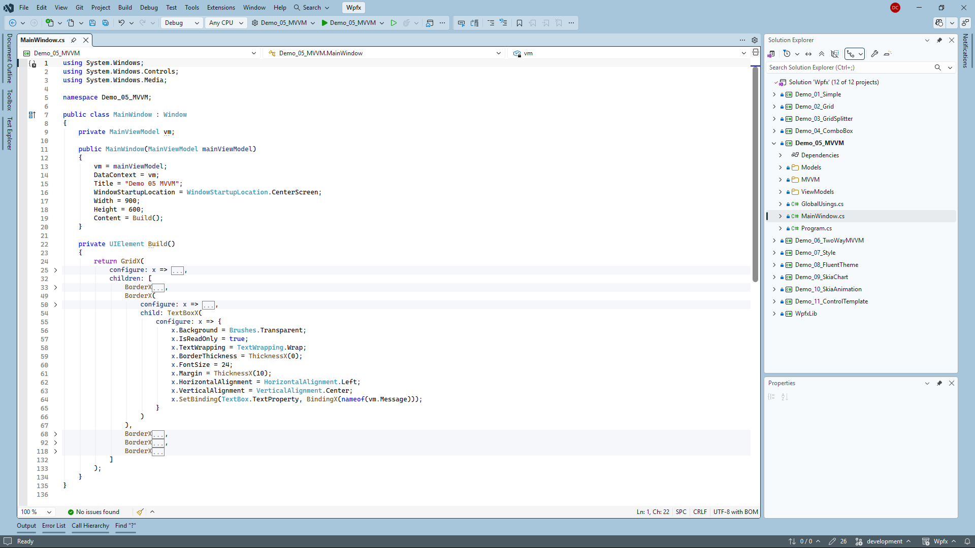 Visual Studio showing a collapsed WPFX UI tree in C#