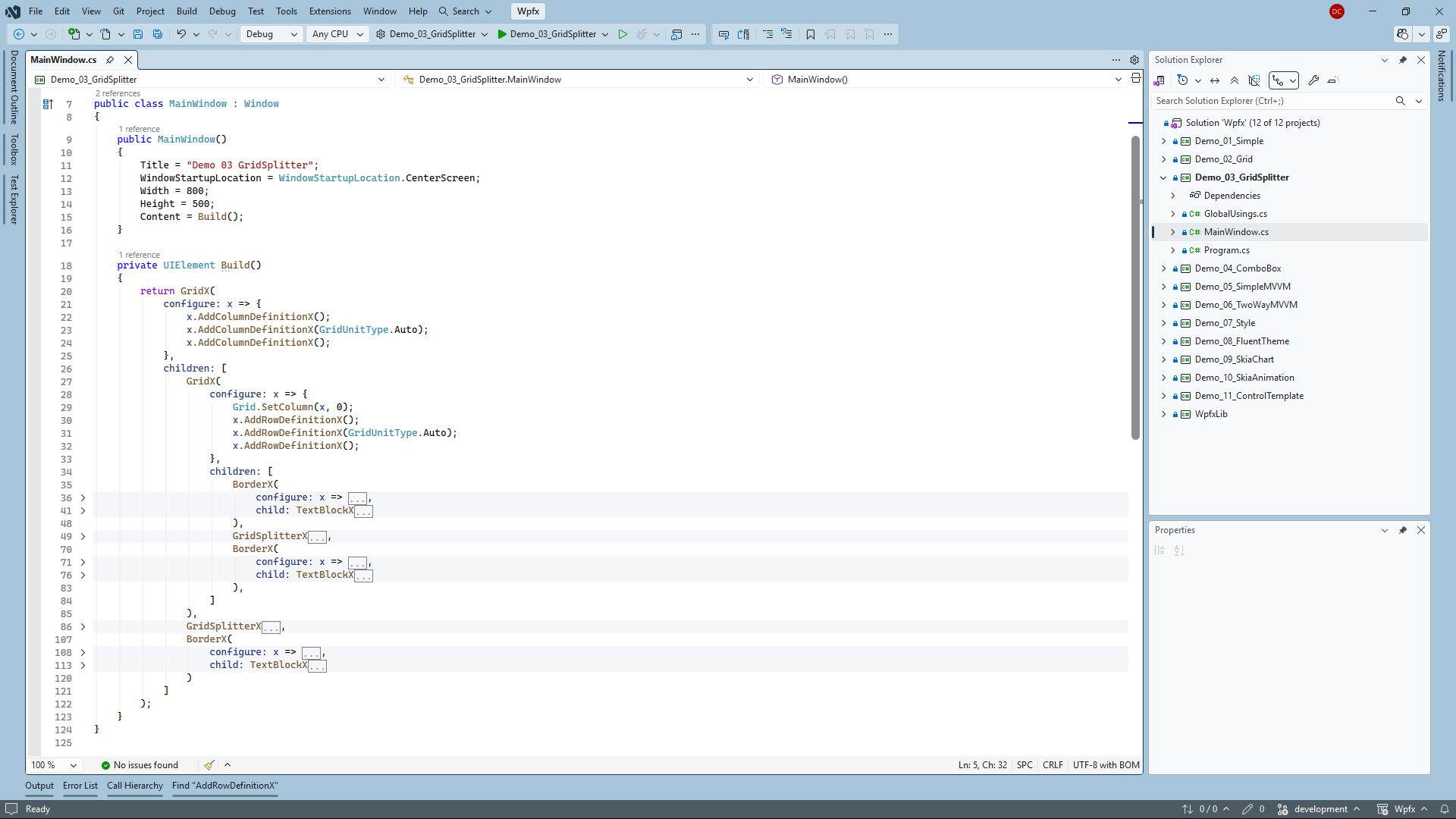 Visual Studio showing a collapsed WPFX UI tree in C#