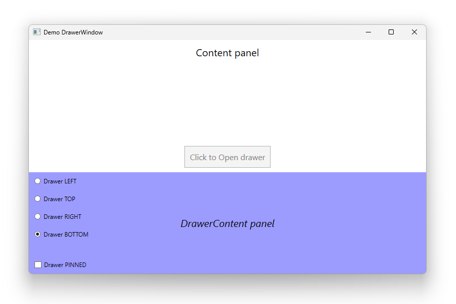 WPF demo app showing a DrawerWindow Open Bottom