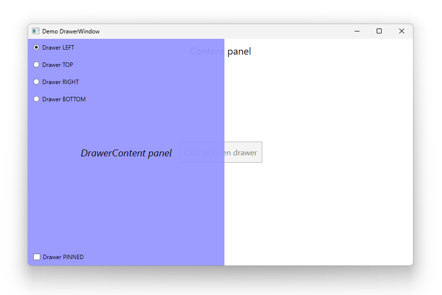 WPF demo app showing a DrawerWindow Open Left