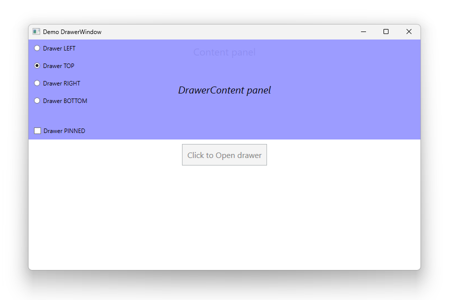 WPF demo app showing a DrawerWindow Open Top