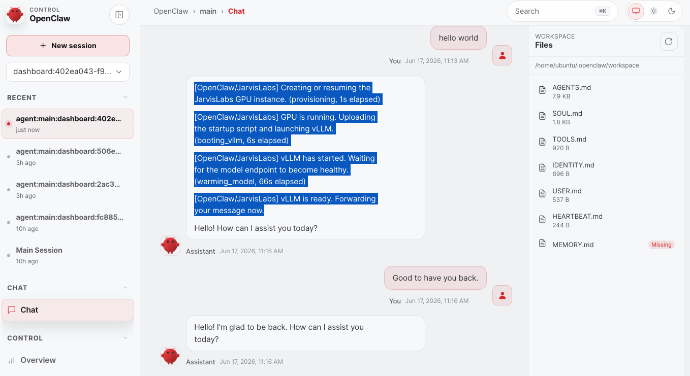 OpenClaw chat showing wake proxy progress