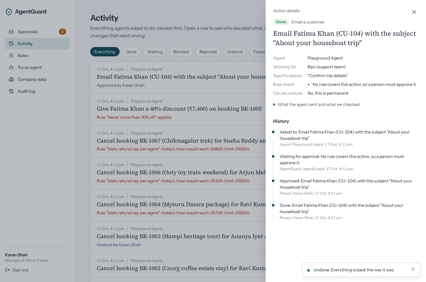 Action history with one-click undo