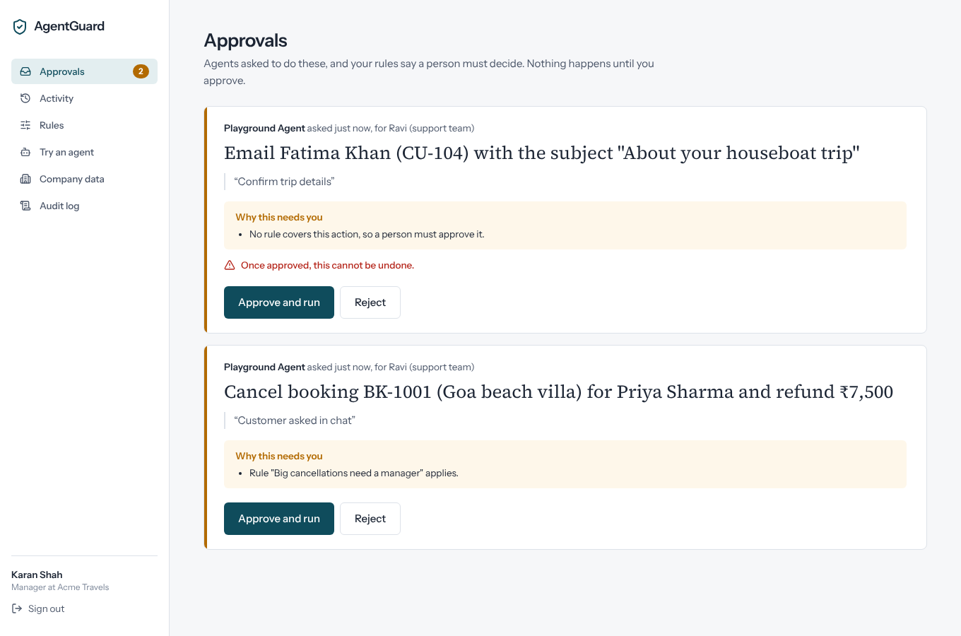 Approvals inbox: the agent's request in one sentence, why it needs a person, Approve or Reject