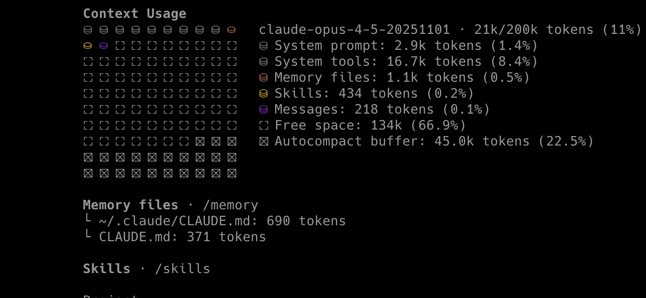 Claude Code showing context allocation - System tools consume 8.4% of the context window before any conversation begins