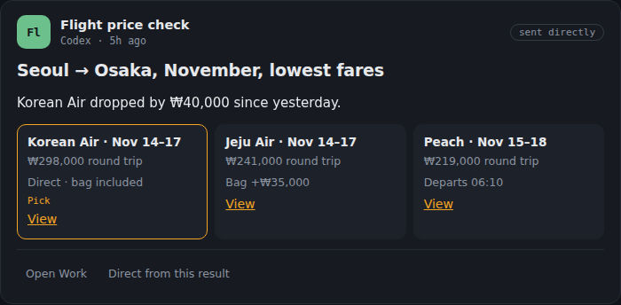 A card comparing three round-trip fares