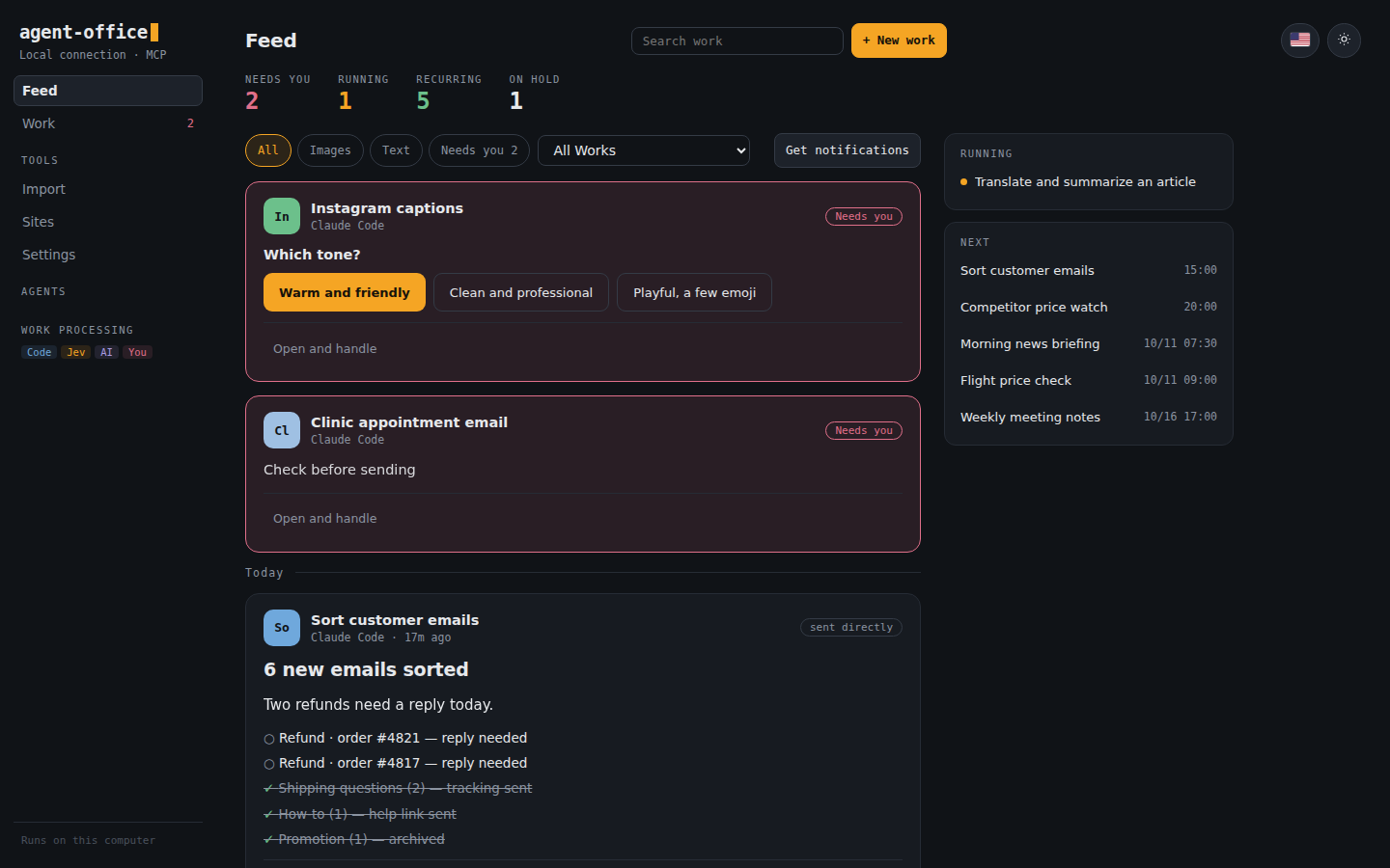 Results and things to decide from every Work, newest first, in the feed