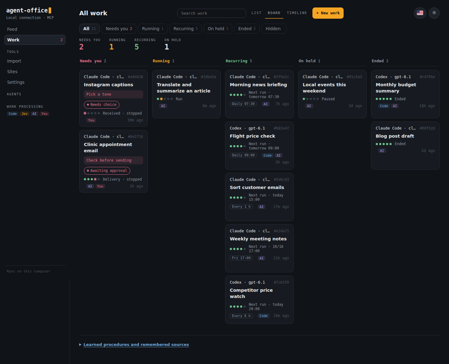 Work board with Needs you, Running, Recurring, On hold and Ended columns