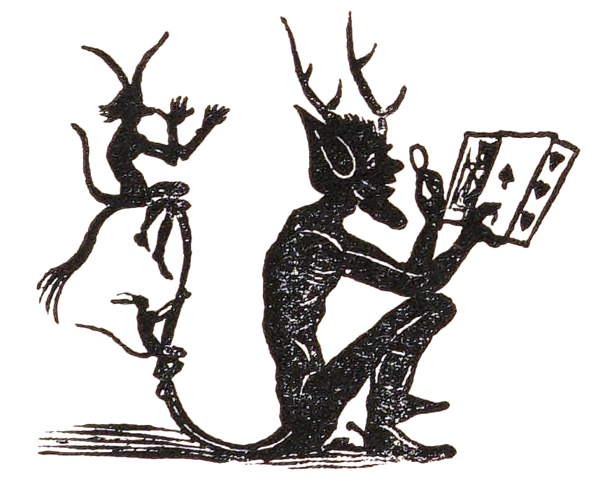 An imp studies a hand of cards through a lens while a smaller imp springs from its tail.