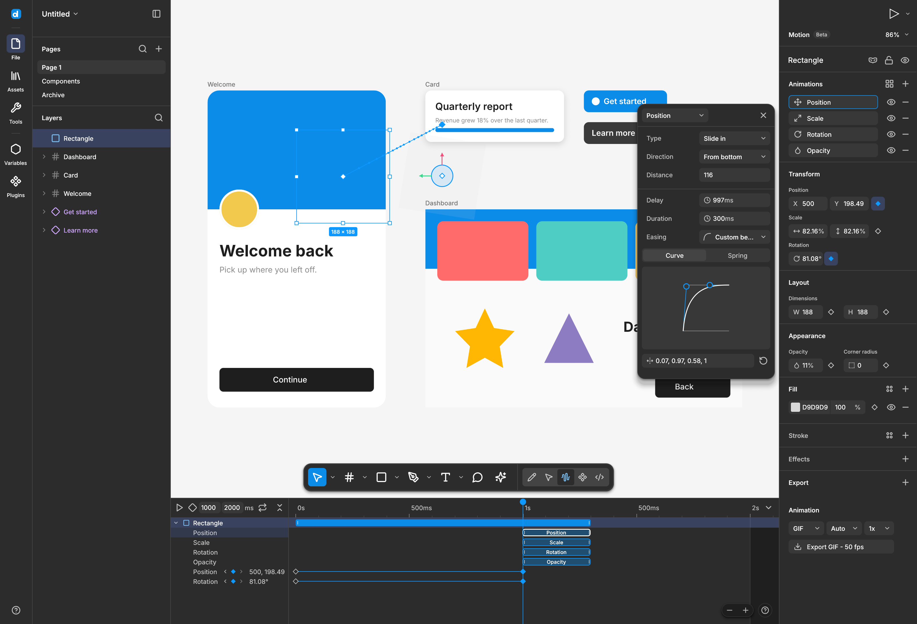 The clip popover with direction, amount, delay, duration, easing and repeat controls