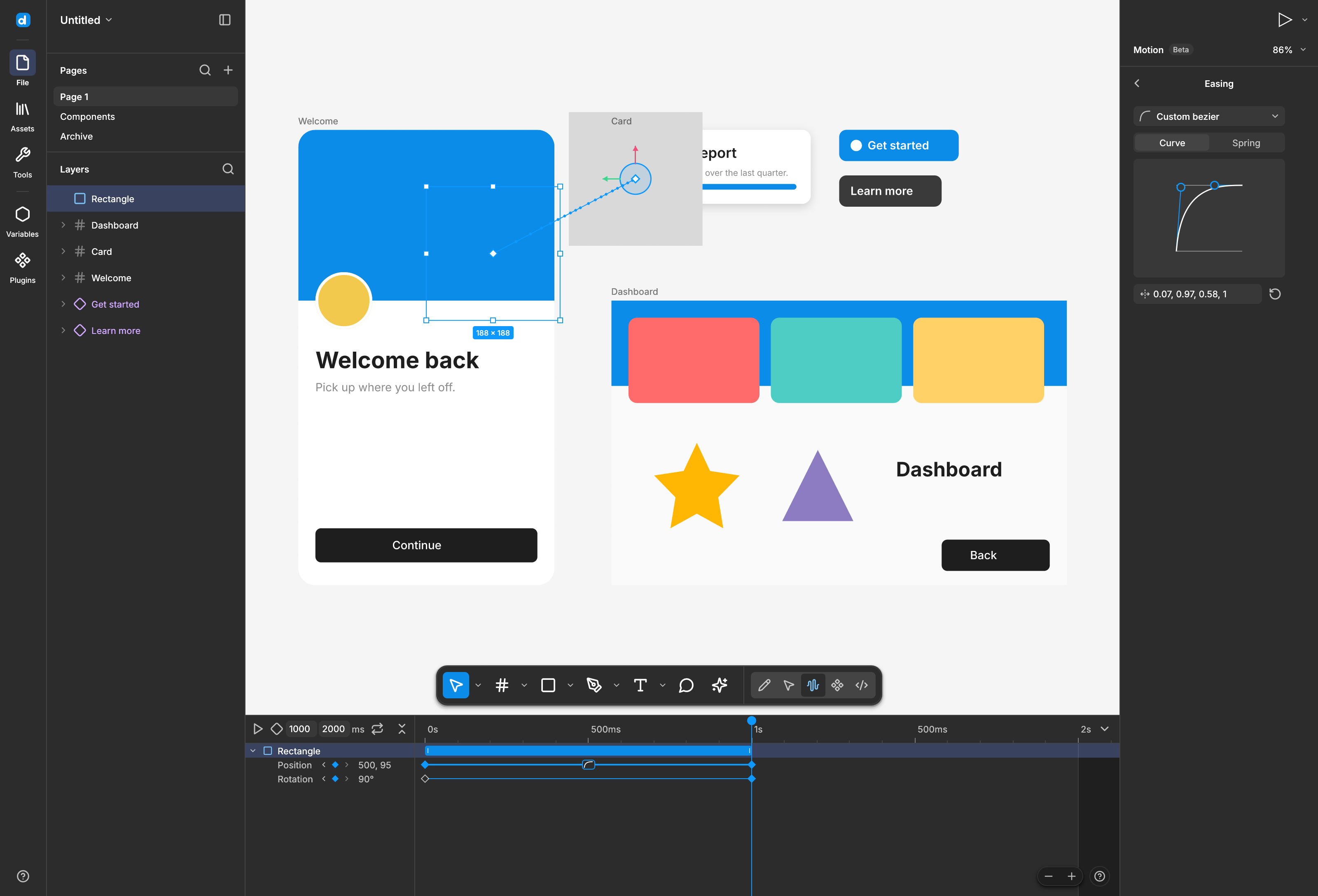 The easing editor with a spring curve, bounce slider and a preview