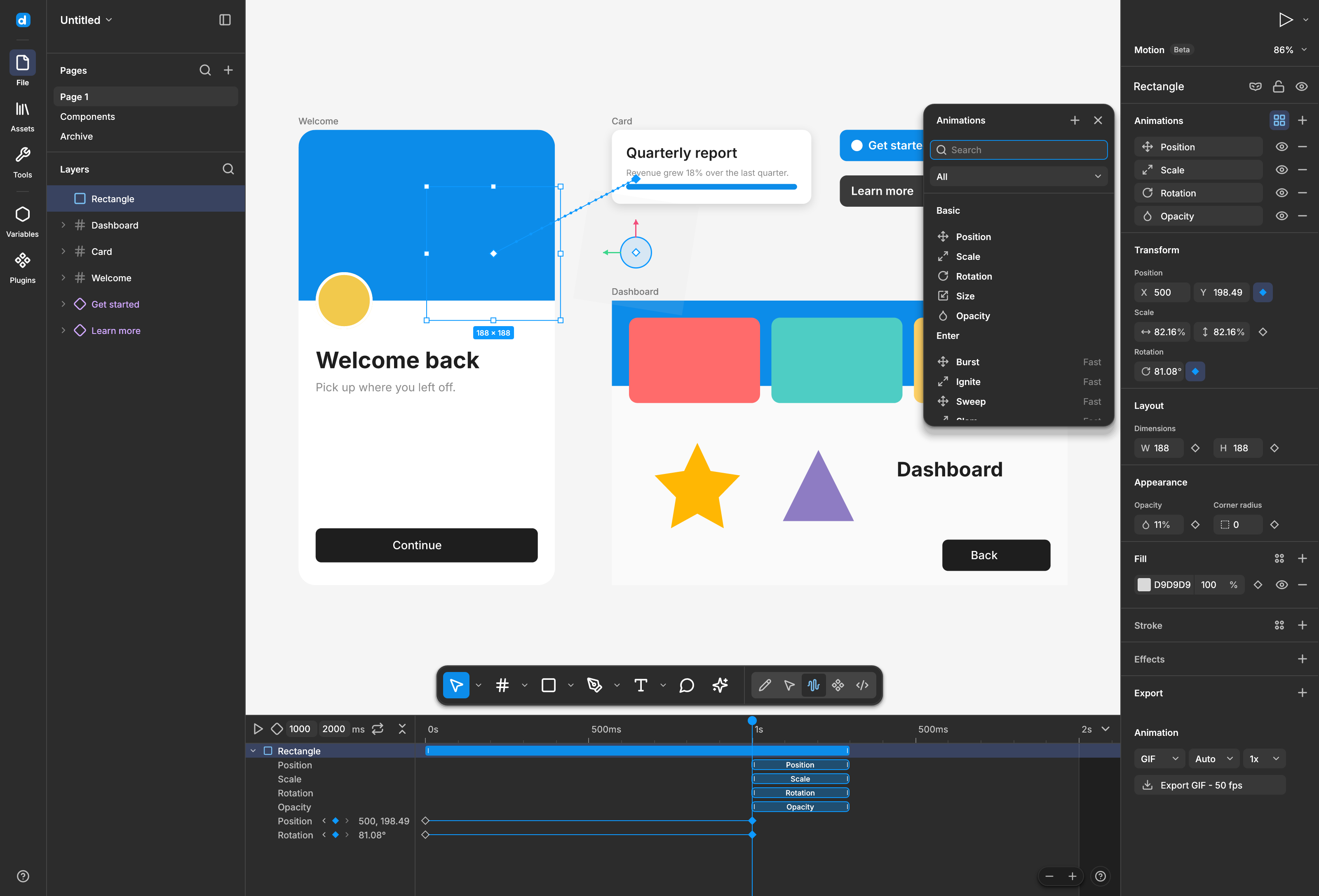 The animation library popover listing Basic, Enter, Cycle and Exit presets