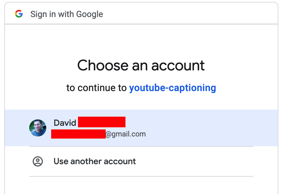 Select Account for YouTube