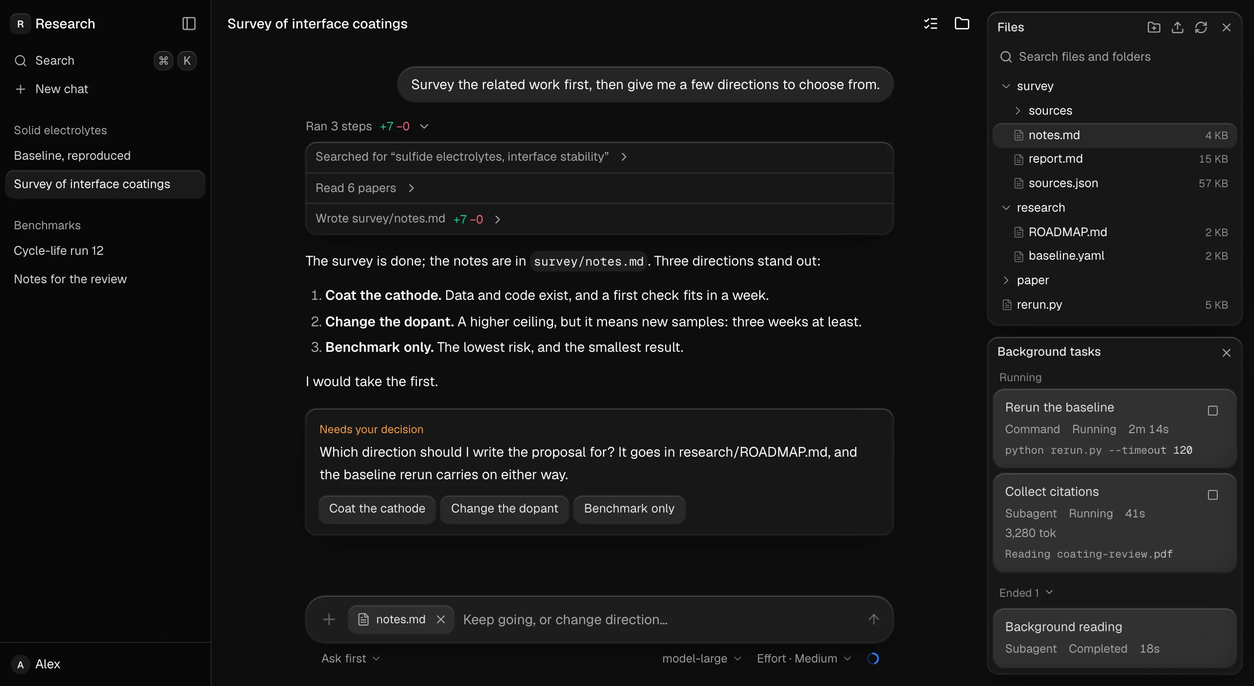 An agent workspace made of it: sessions, the thread, files and background tasks