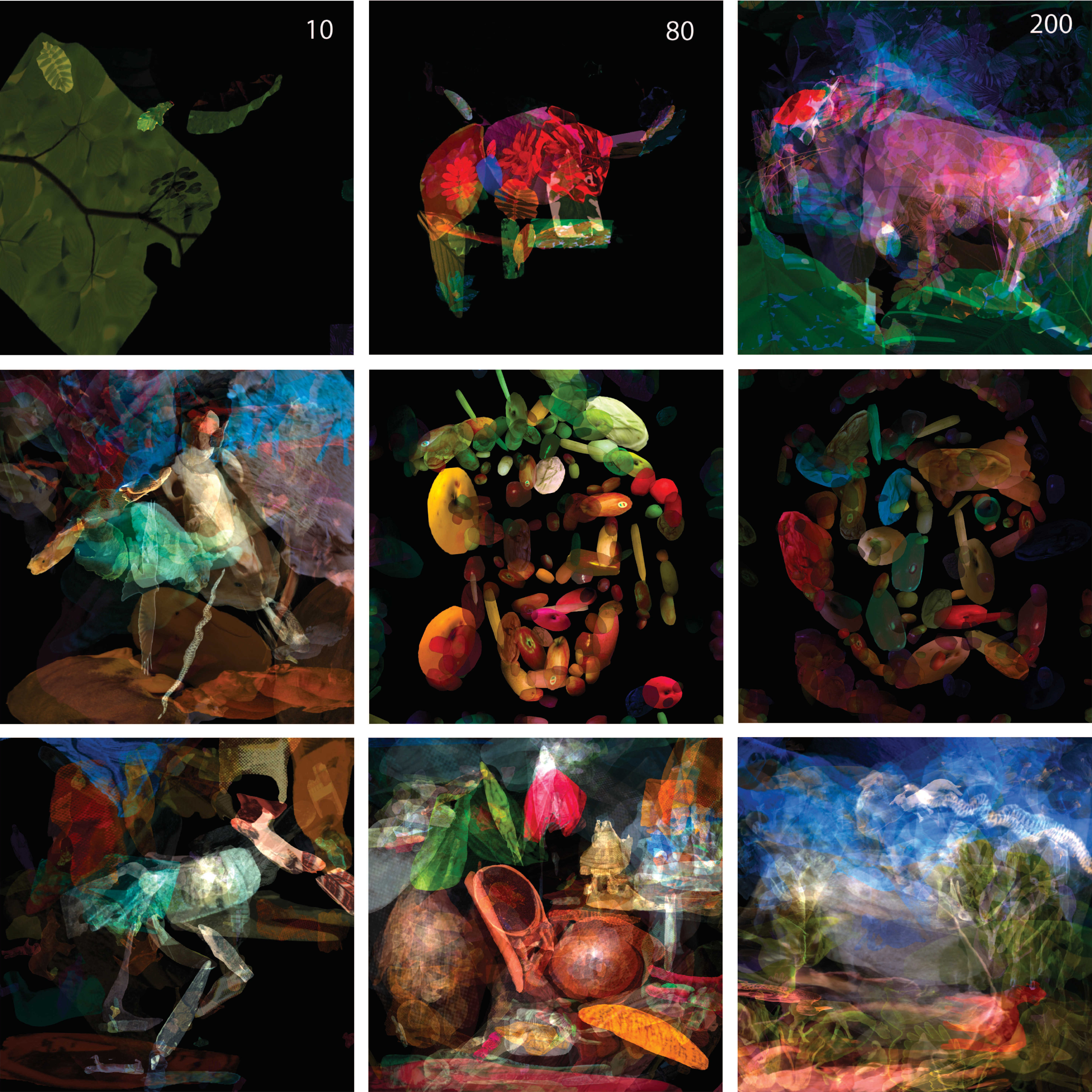 Collages made of different numbers of tree leaves patches (bulls in the top row), as well as Degas-inspired ballet dancers made from animals, faces made of fruit and still life or landscape made from patches of animals.