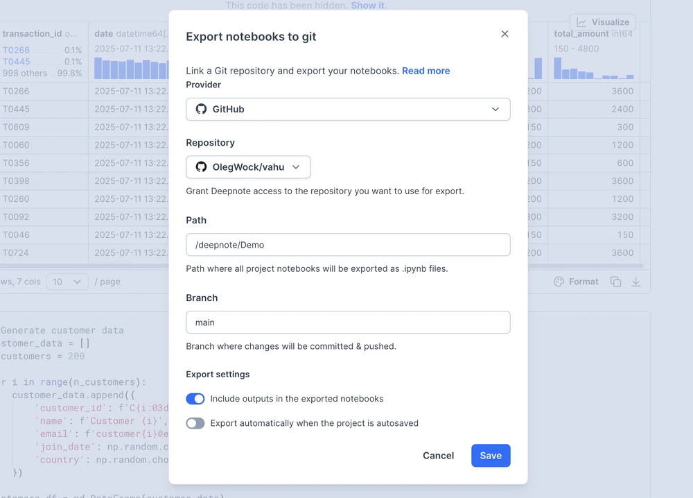 Export settings
