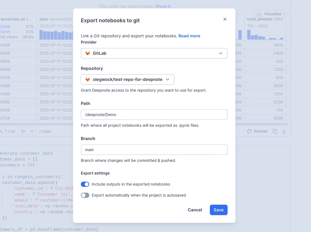 Export settings