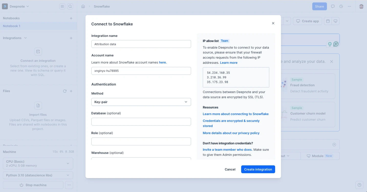 Setting up Snowflake integration in Deepnote
