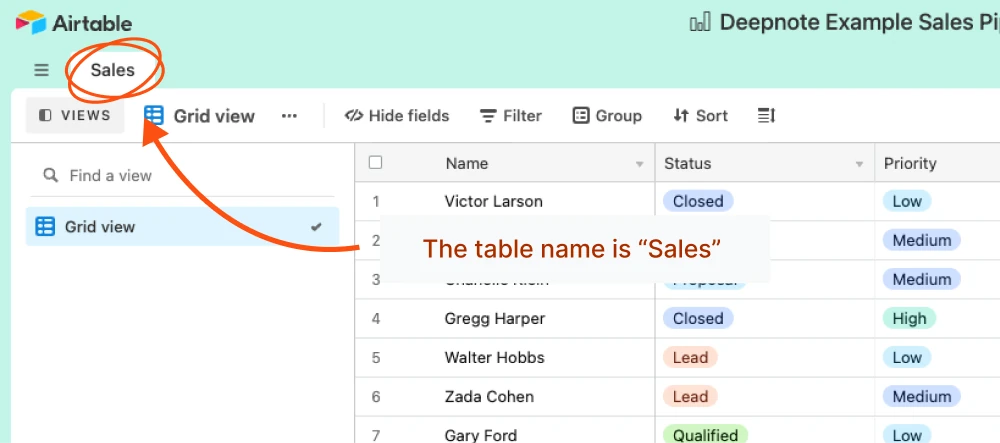 The name of the table is the name of the tab