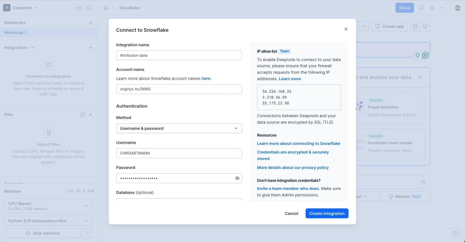 Using Snowflake with username and password