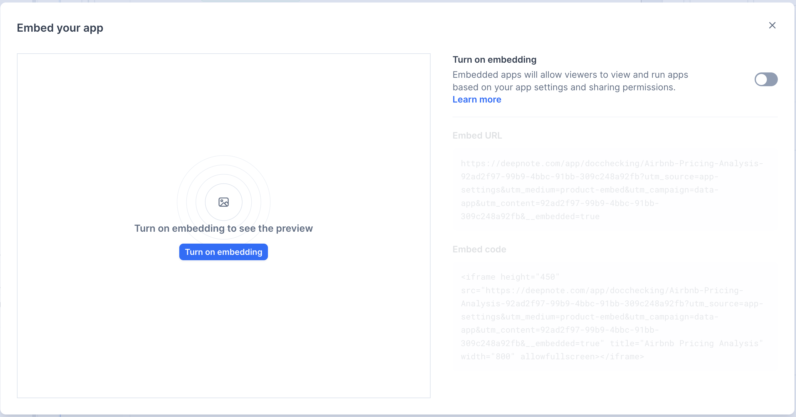 Embed your app dialog with embedding turned off