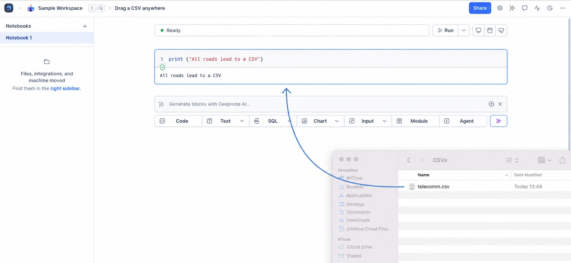 CSV file dragged into a Deepnote notebook