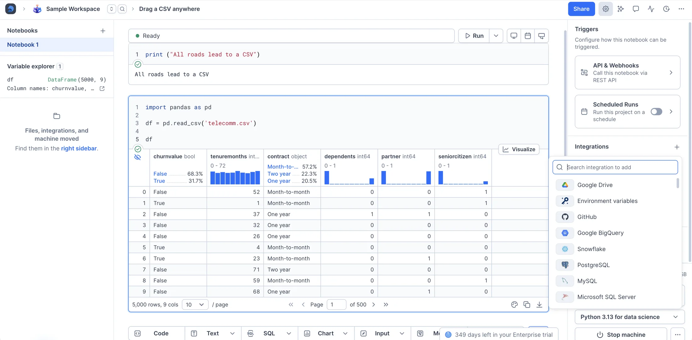 Integration chooser in the notebook sidebar
